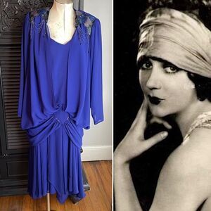 Vtg 80s‎ Blue Draped DECO Beaded FLAPPER Dynasty Party Gatsby Cocktail Dress 14